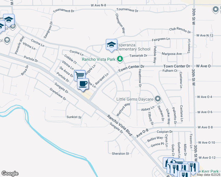 map of restaurants, bars, coffee shops, grocery stores, and more near 40271 Crestridge Way in Palmdale