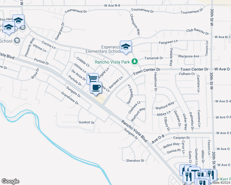map of restaurants, bars, coffee shops, grocery stores, and more near 40263 Preston Road in Palmdale
