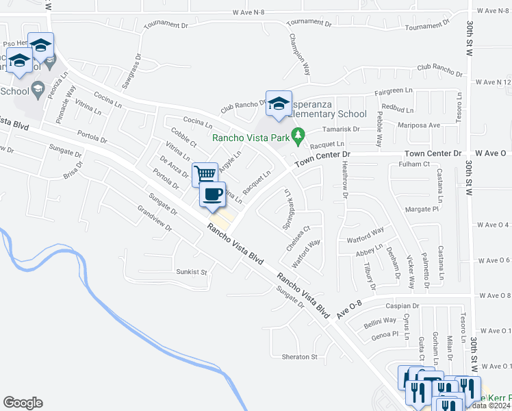 map of restaurants, bars, coffee shops, grocery stores, and more near 40263 Preston Road in Palmdale