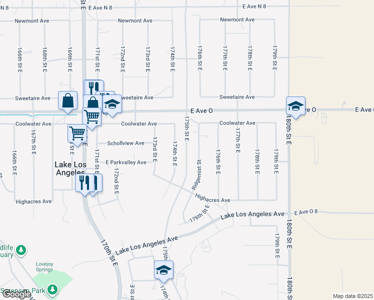 map of restaurants, bars, coffee shops, grocery stores, and more near 175th Street East in Palmdale