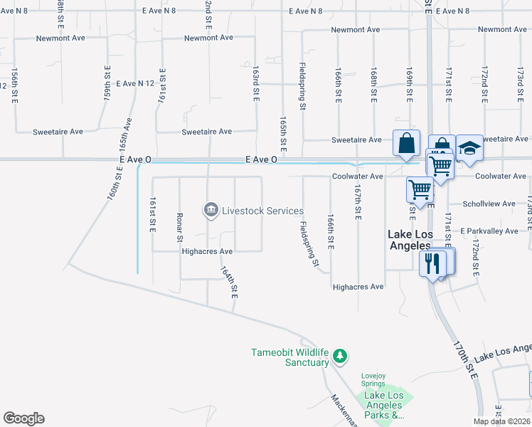 map of restaurants, bars, coffee shops, grocery stores, and more near 40276 165th Street East in Palmdale