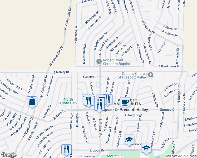 map of restaurants, bars, coffee shops, grocery stores, and more near 8173 East Ashley Drive in Prescott Valley