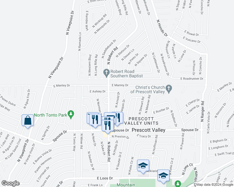 map of restaurants, bars, coffee shops, grocery stores, and more near 4900 North Arnold Drive in Prescott Valley