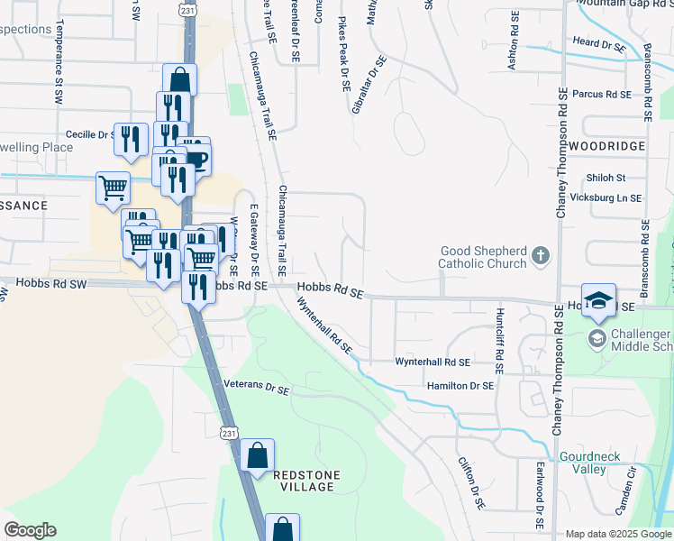 map of restaurants, bars, coffee shops, grocery stores, and more near 620 Wellingburg Road Southeast in Huntsville