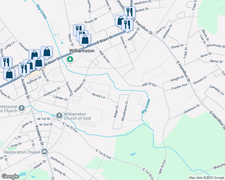 map of restaurants, bars, coffee shops, grocery stores, and more near 8 Ridge Court in Williamston