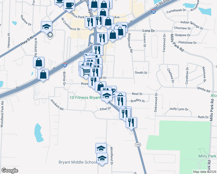 map of restaurants, bars, coffee shops, grocery stores, and more near 2028 Evans Loop in Bryant
