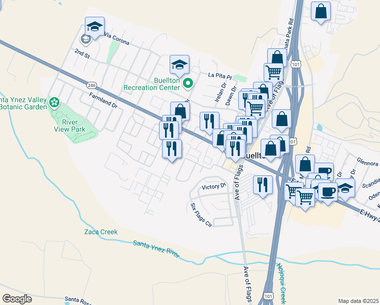 map of restaurants, bars, coffee shops, grocery stores, and more near 68 Valley Station Circle in Buellton