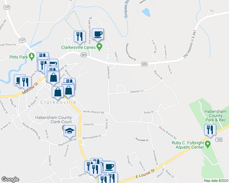 map of restaurants, bars, coffee shops, grocery stores, and more near 139 Stewart Lane in Clarkesville