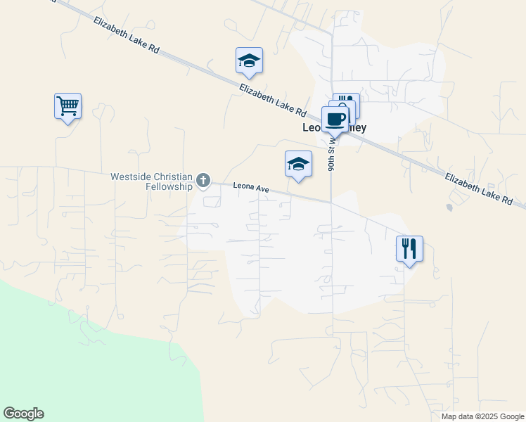 map of restaurants, bars, coffee shops, grocery stores, and more near 40222 92nd Street West in Leona Valley