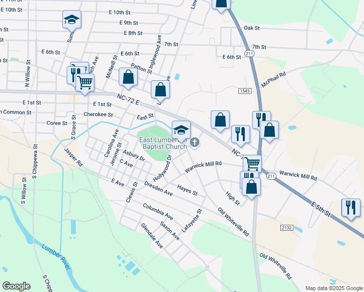 map of restaurants, bars, coffee shops, grocery stores, and more near 100 Hargrave Street in Lumberton