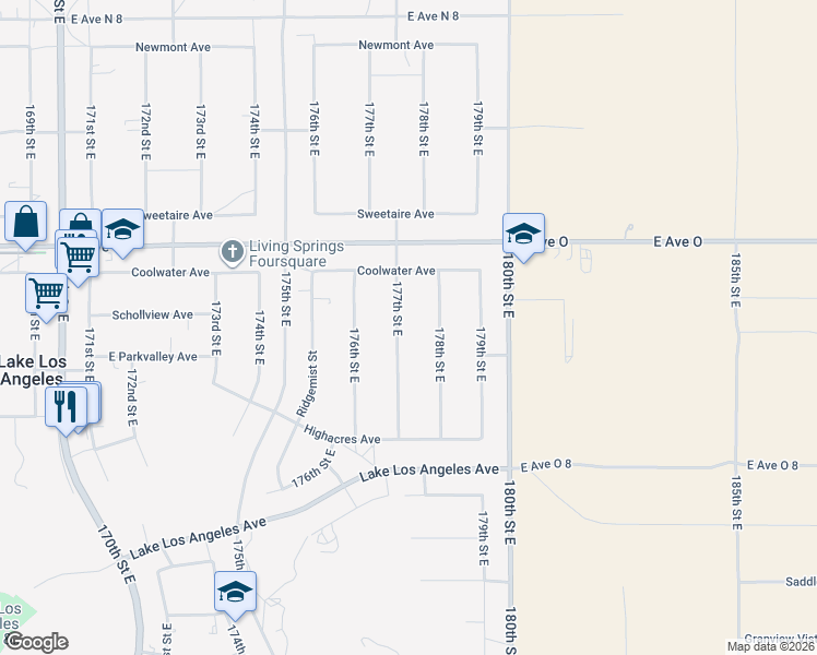 map of restaurants, bars, coffee shops, grocery stores, and more near 40226 177th Street East in Palmdale