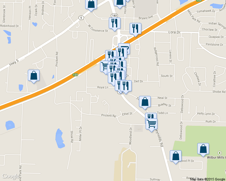 map of restaurants, bars, coffee shops, grocery stores, and more near 109 Roya Lane in Bryant