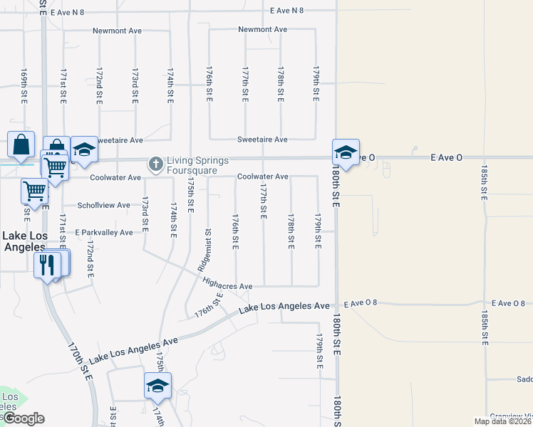 map of restaurants, bars, coffee shops, grocery stores, and more near 40226 177th Street East in Palmdale