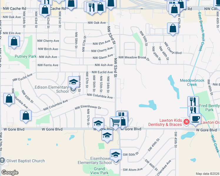 map of restaurants, bars, coffee shops, grocery stores, and more near 411 Northwest 54th Street in Lawton