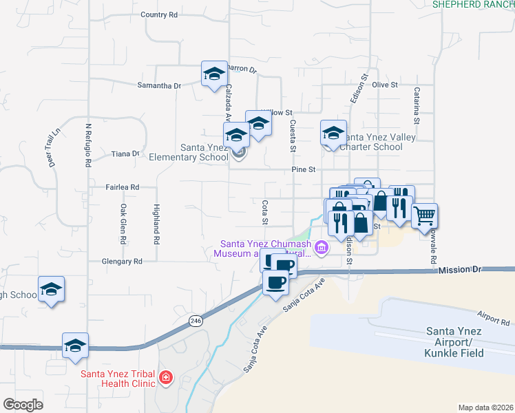 map of restaurants, bars, coffee shops, grocery stores, and more near 1139 Cota Street in Santa Ynez