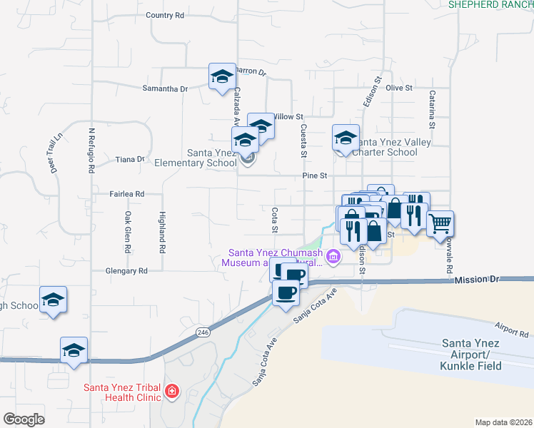 map of restaurants, bars, coffee shops, grocery stores, and more near 1139 Cota Street in Santa Ynez