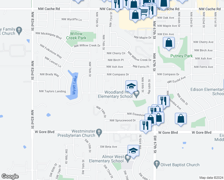 map of restaurants, bars, coffee shops, grocery stores, and more near 7302 Northwest 73rd Place in Lawton
