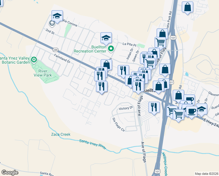 map of restaurants, bars, coffee shops, grocery stores, and more near 68 Valley Station Circle in Buellton