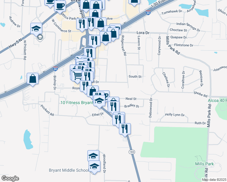 map of restaurants, bars, coffee shops, grocery stores, and more near 300 Dell Drive in Bryant