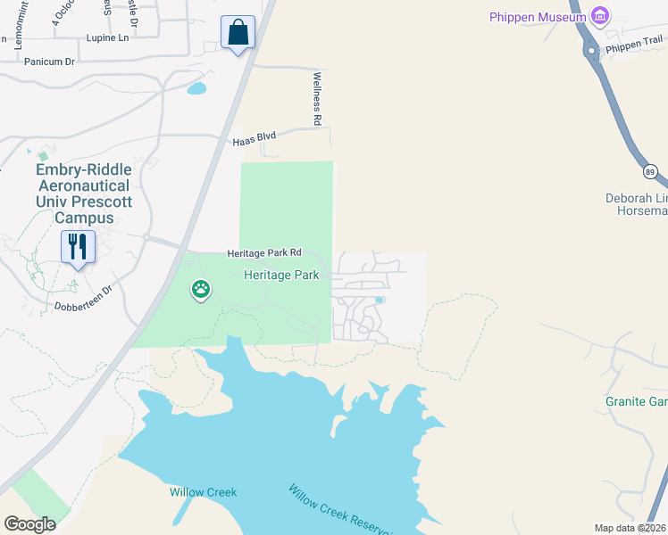 map of restaurants, bars, coffee shops, grocery stores, and more near 1504 Private Road in Prescott