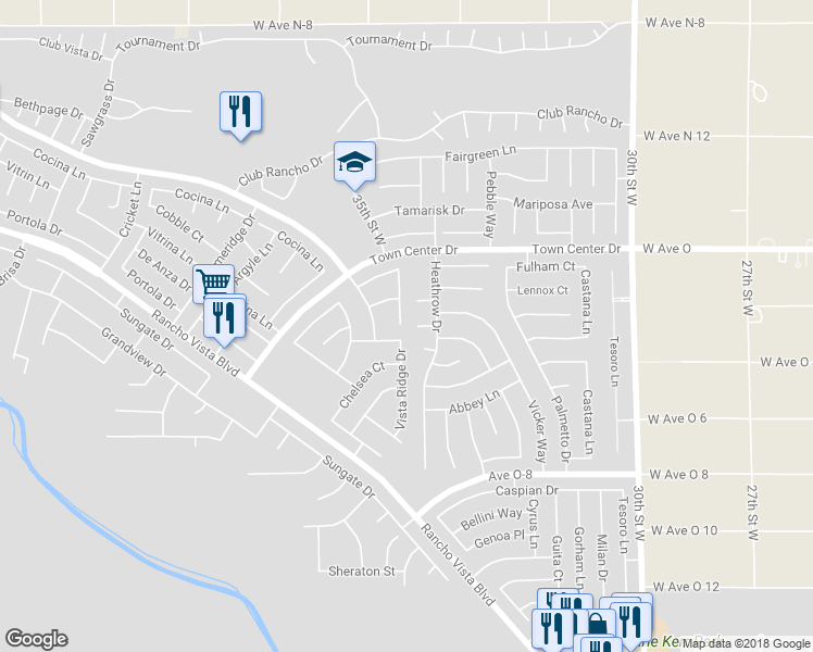 map of restaurants, bars, coffee shops, grocery stores, and more near 40270 Vista Pelona Drive in Palmdale