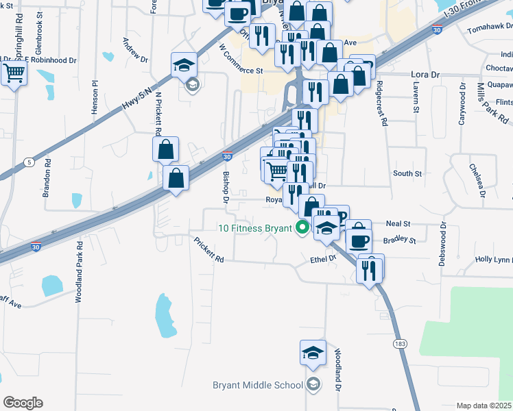 map of restaurants, bars, coffee shops, grocery stores, and more near 305 Roya Lane in Bryant