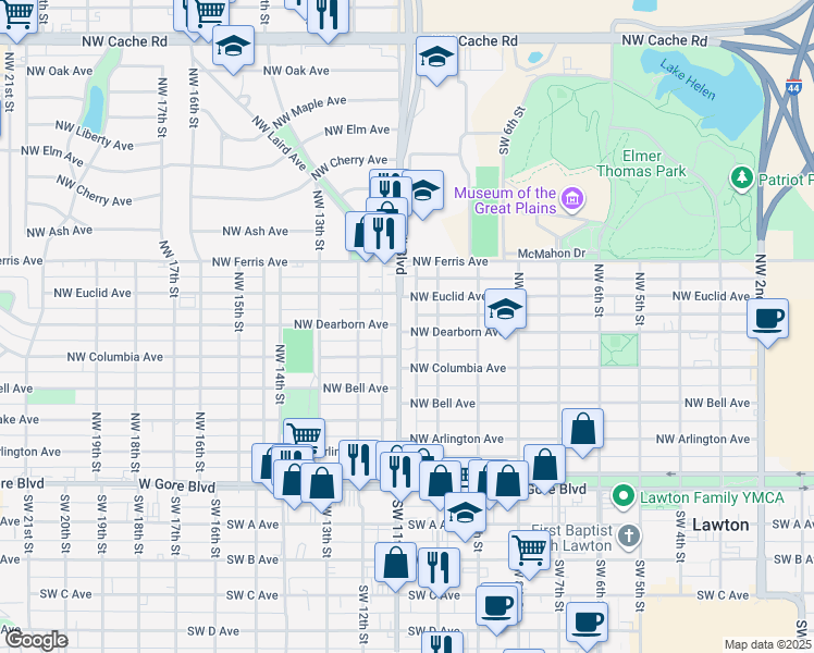 map of restaurants, bars, coffee shops, grocery stores, and more near 401 Northwest Fort Sill Boulevard in Lawton