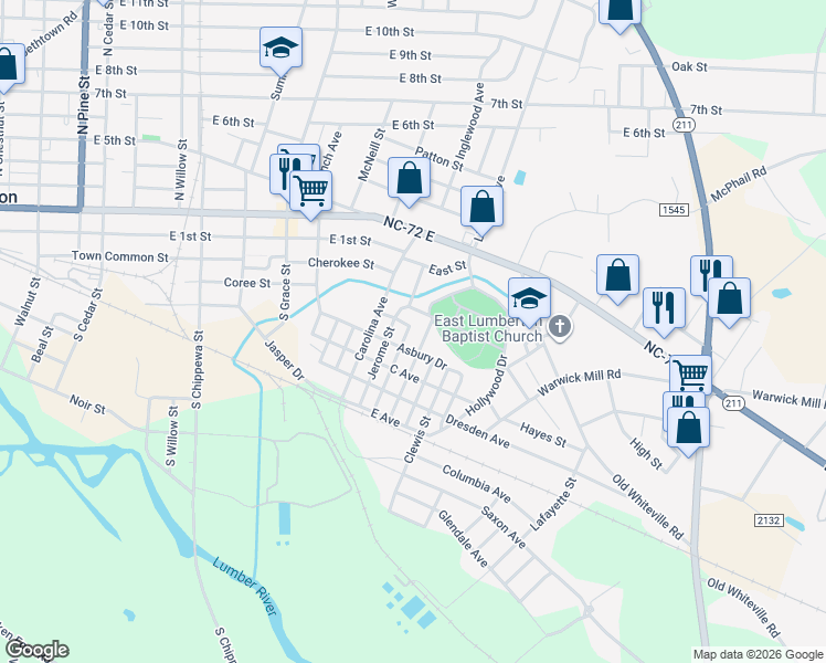 map of restaurants, bars, coffee shops, grocery stores, and more near 124 Orange Street in Lumberton