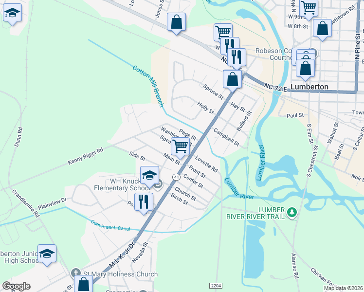 map of restaurants, bars, coffee shops, grocery stores, and more near 114 Spearman Street in Lumberton