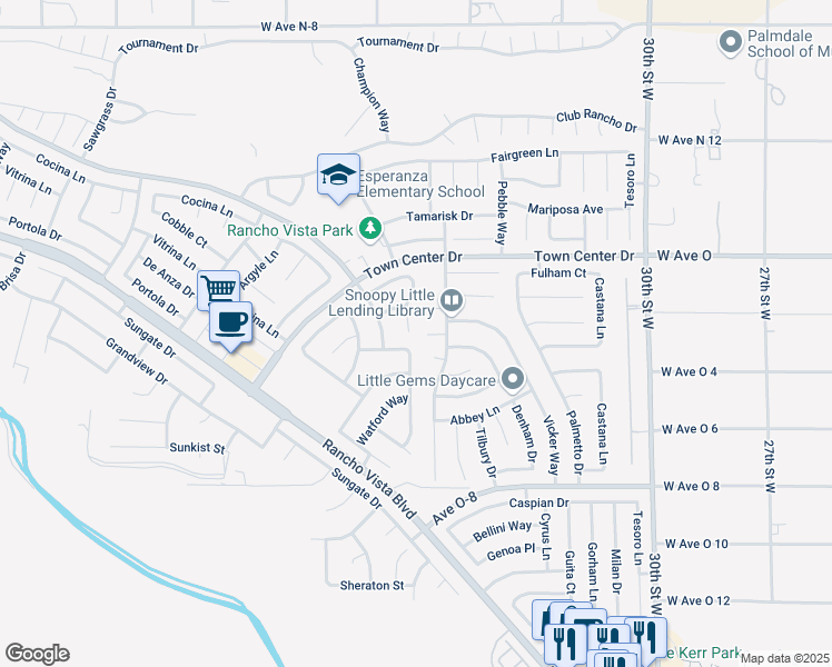 map of restaurants, bars, coffee shops, grocery stores, and more near 40270 Vista Pelona Drive in Palmdale