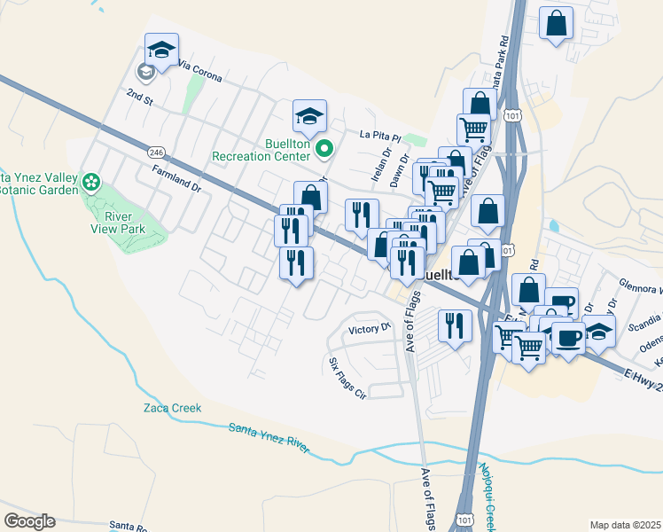 map of restaurants, bars, coffee shops, grocery stores, and more near 68 Valley Station Circle in Buellton