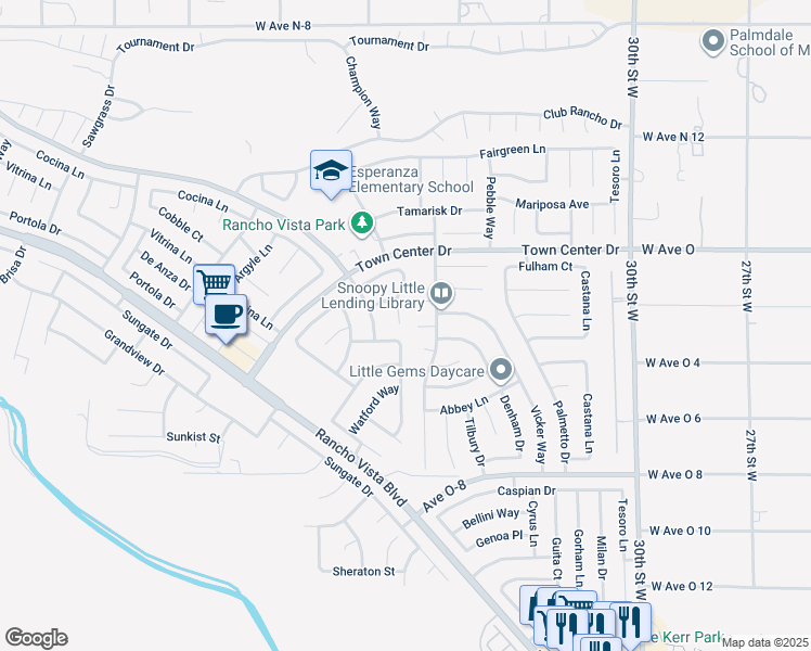 map of restaurants, bars, coffee shops, grocery stores, and more near 40270 Vista Pelona Drive in Palmdale