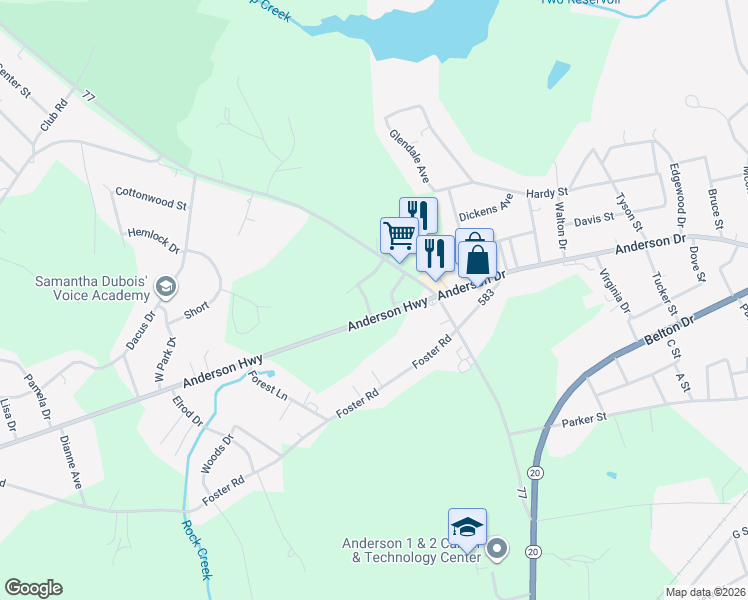 map of restaurants, bars, coffee shops, grocery stores, and more near 2 Tony Street in Williamston