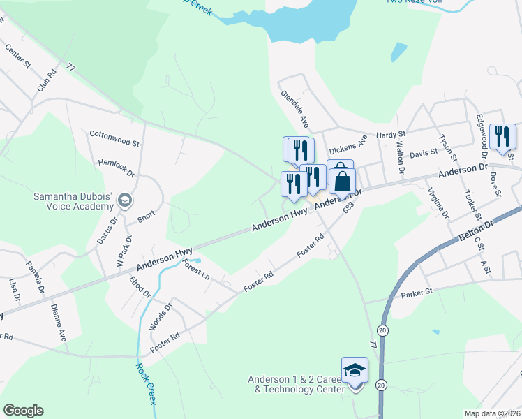 map of restaurants, bars, coffee shops, grocery stores, and more near 3 Tony Street in Williamston