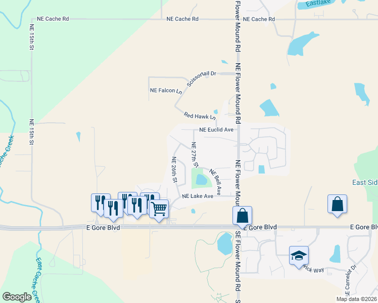 map of restaurants, bars, coffee shops, grocery stores, and more near 2609 Northeast Dearborn Avenue in Lawton