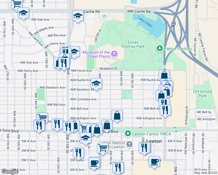 map of restaurants, bars, coffee shops, grocery stores, and more near 701 Northwest Dearborn Avenue in Lawton