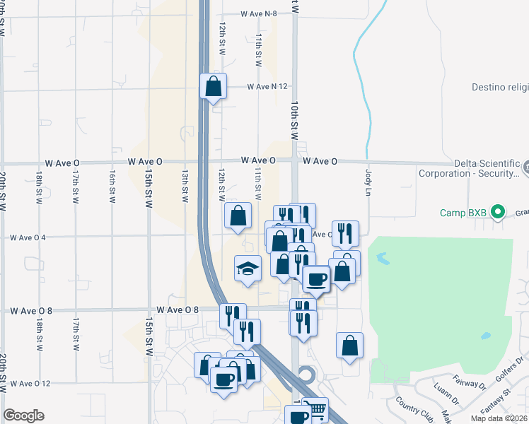 map of restaurants, bars, coffee shops, grocery stores, and more near 40246 11th Street West in Palmdale