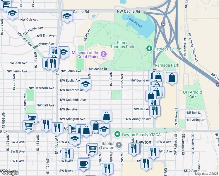 map of restaurants, bars, coffee shops, grocery stores, and more near 601 Northwest Dearborn Avenue in Lawton