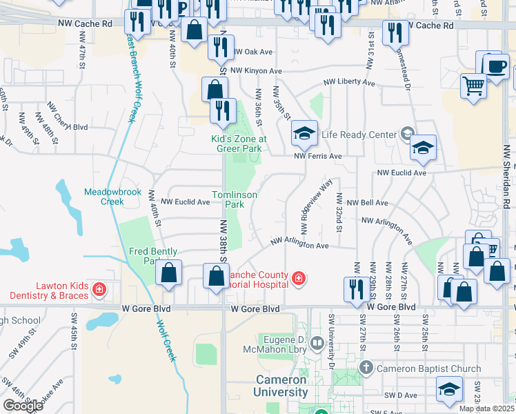 map of restaurants, bars, coffee shops, grocery stores, and more near 5408 Southwest Trevor Circle in Lawton