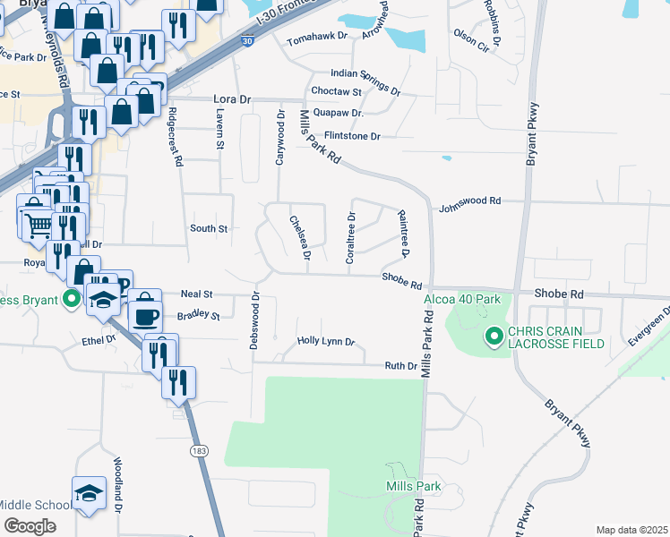 map of restaurants, bars, coffee shops, grocery stores, and more near 805 Shobe Rd in Bryant