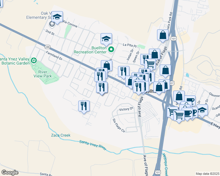 map of restaurants, bars, coffee shops, grocery stores, and more near 231 Valley Station Circle in Buellton