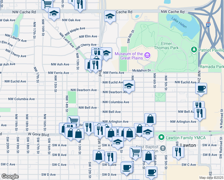 map of restaurants, bars, coffee shops, grocery stores, and more near 915 NW Dearborn Ave in Lawton