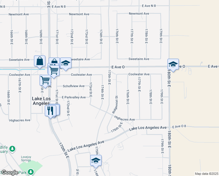 map of restaurants, bars, coffee shops, grocery stores, and more near 175th Street East in Palmdale