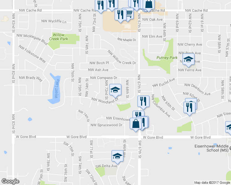 map of restaurants, bars, coffee shops, grocery stores, and more near 407 NW 71st St in Lawton