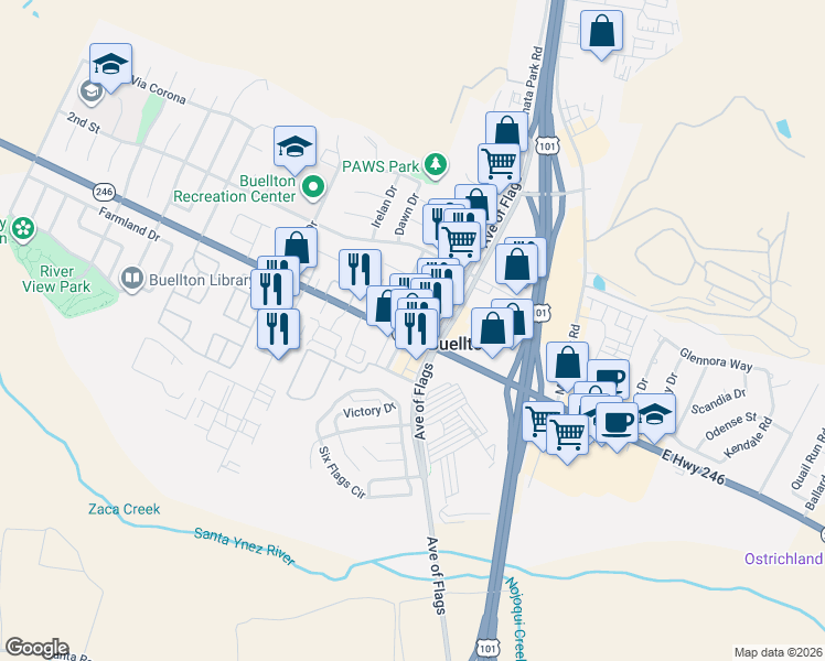 map of restaurants, bars, coffee shops, grocery stores, and more near 35 West Highway 246 in Buellton