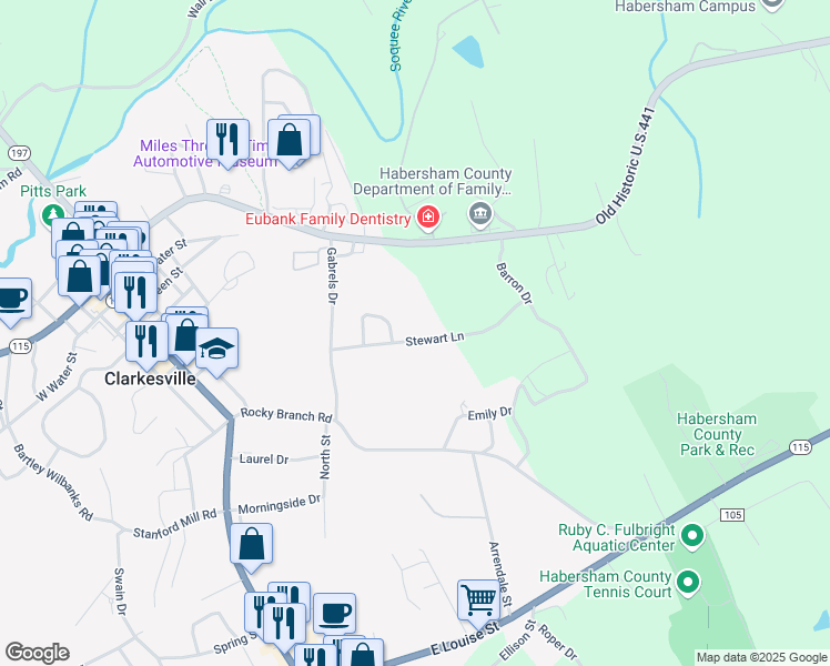 map of restaurants, bars, coffee shops, grocery stores, and more near 273 Stewart Lane in Clarkesville