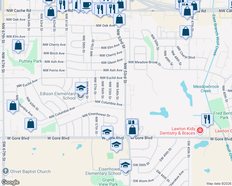 map of restaurants, bars, coffee shops, grocery stores, and more near 411 Northwest 54th Street in Lawton