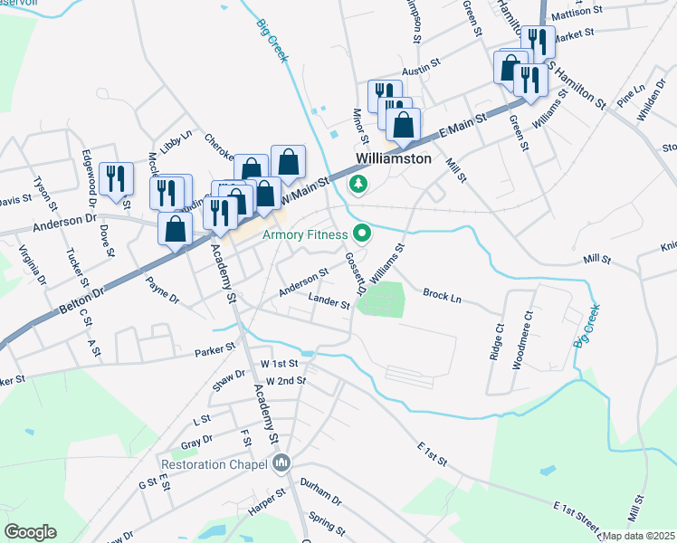 map of restaurants, bars, coffee shops, grocery stores, and more near 9 Anderson Street in Williamston