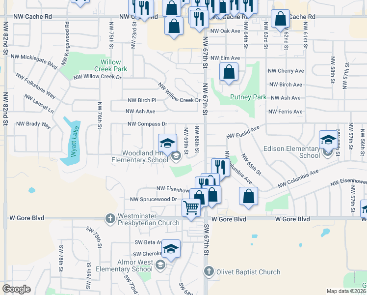 map of restaurants, bars, coffee shops, grocery stores, and more near 410 Northwest 69th Street in Lawton