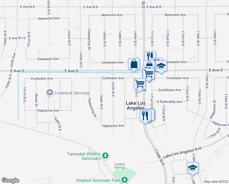 map of restaurants, bars, coffee shops, grocery stores, and more near 40246 167th Street East in Palmdale